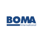 BOMA International logo with 'BOMA' in bold blue letters and 'International' in smaller blue text underneath, reflecting their commitment to commercial cleaning standards.