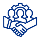 Icon of handshake with gear and three figures, symbolizing teamwork and collaboration.