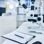 Microscope on a lab desk with a clipboard and pen in a modern research facility.